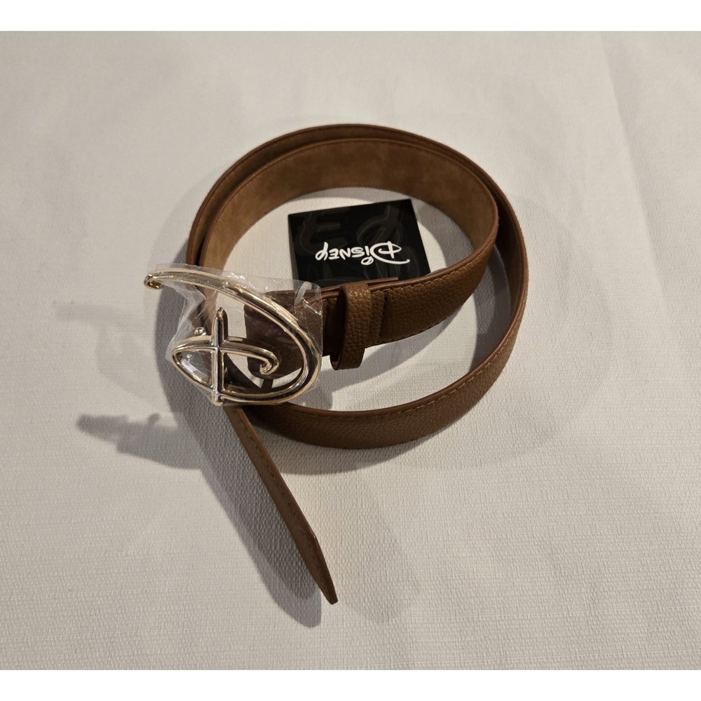 NWT DISNEY "D" Brass Look Faux Leather Light Brown Women's Belt SMALL